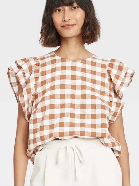 Gingham Linen Ruffle Sleeve Top